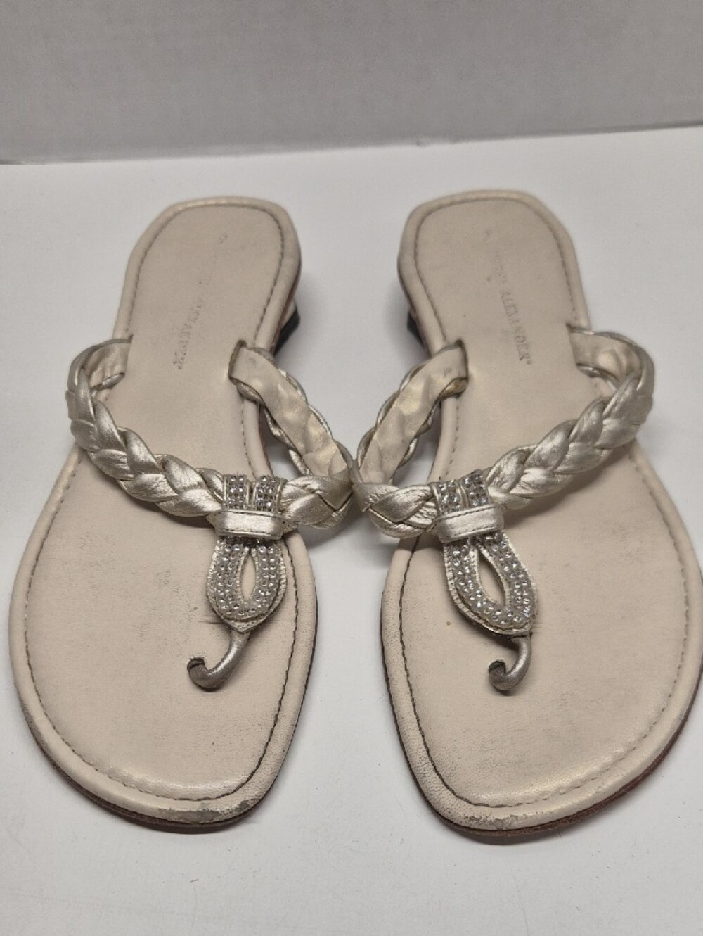 Athena Alexander Sandals Thong Flip Flops Braided Leather Jewels Slide Ivory 9